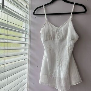 Y2K white Sheer Babydoll Tank Top – Sequin Floral Detail